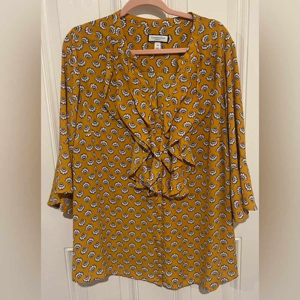 Charter Club Woman Golden Yellow & Black/White Floral Fan Ruffle Blouse Size 2X